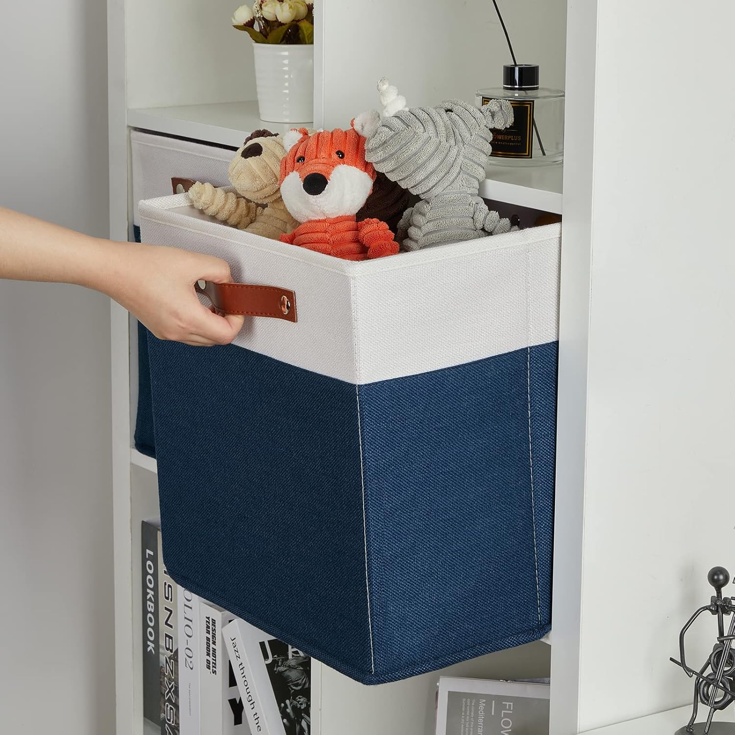 DULLEMELO 13 inch Cube Storage Bins, Gift Baskets Empty for Boy Girl Mother Father Christmas Festival,Fabric Storage Bins Cube Organizer Baskets With Leather Handles(White&Blue-4 Pack)