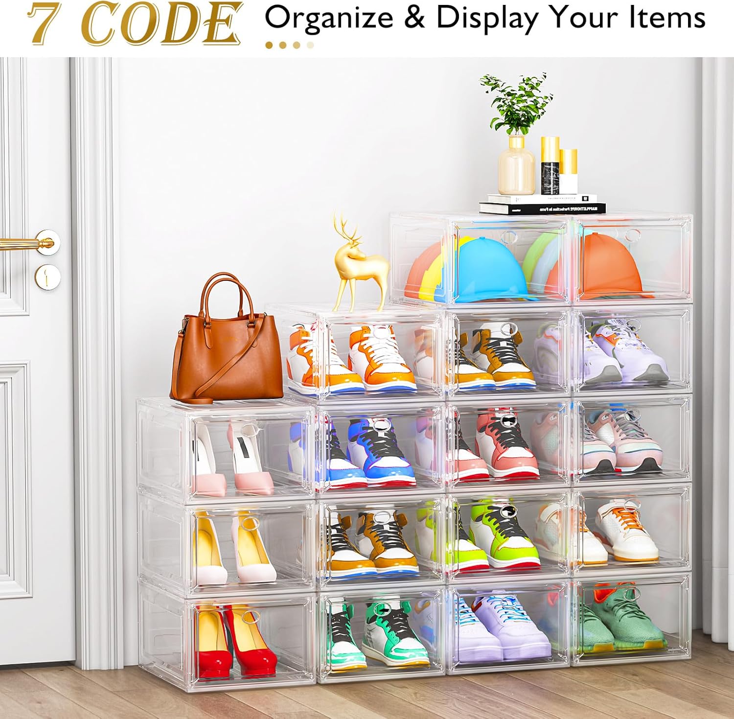 12 Pack Clear Shoe Storage Organizer with Magnetic Door,Stackable Plastic Shoe Boxes for Sneakers,Boots,and Heels,Space-Saving Foldable Shoe Rack for Closet,Durable Shoe Cabinet Organizer,White