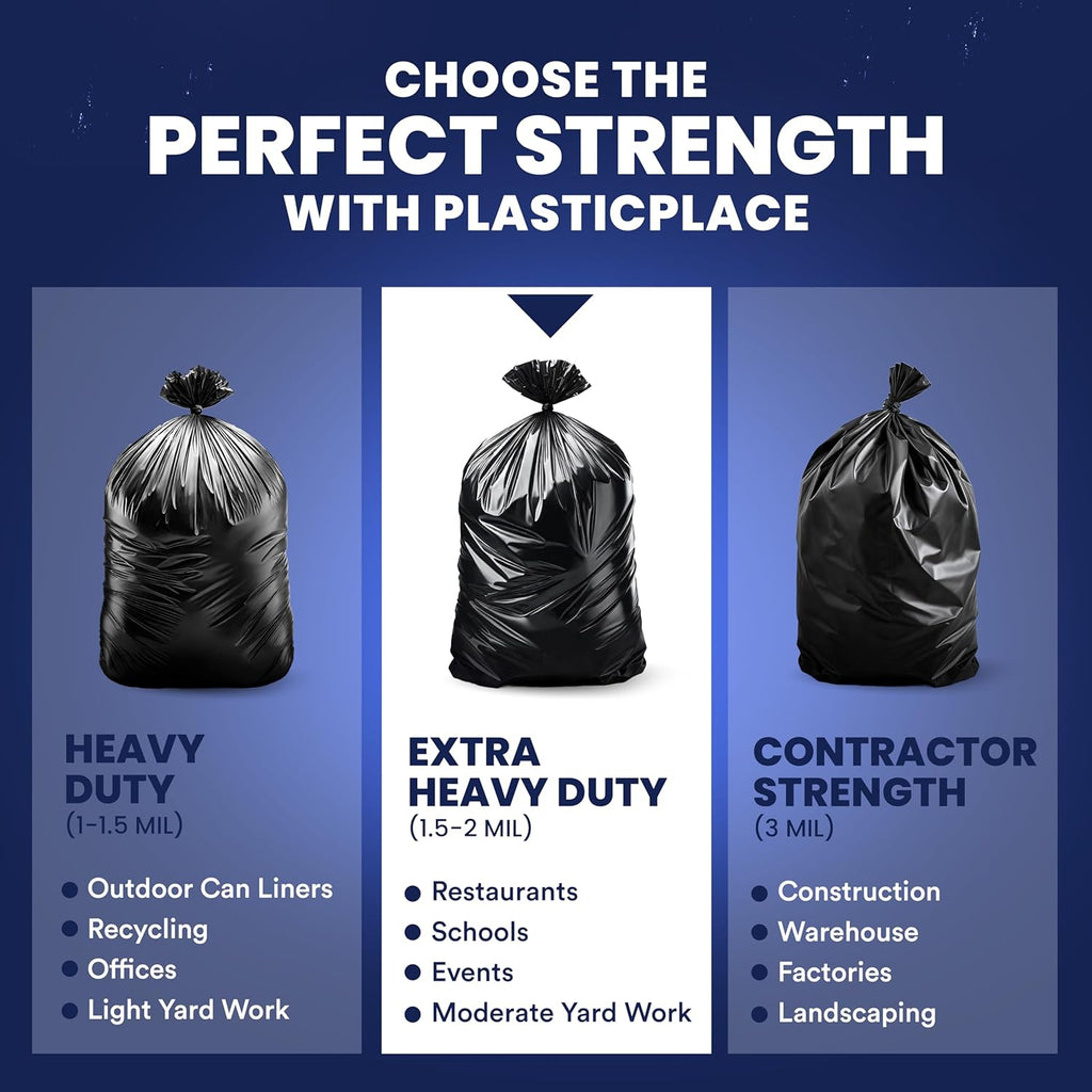 Plasticplace 55-60 Gallon Trash Bags │ 1.5 Mil │ Black Heavy Duty Garbage Can Liners │ 36” x 58” (100 Count)