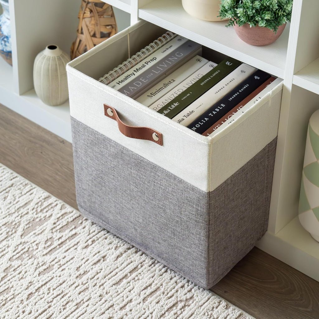 OrganiHaus 13x13 Cube Fabric Storage Bins Set of 4, Fabric Storage Cubes w/ Vegan Handles, 13 inch Collapsible Bins for Clothes & Toys Organizer, Cubbies Organizer, 13x13 Basket for Decor - Grey/White