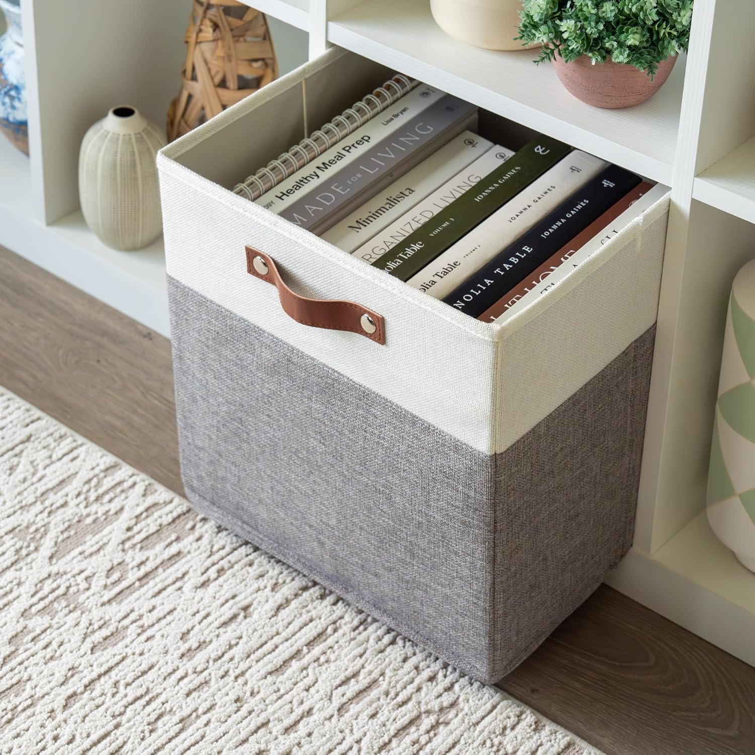 OrganiHaus 13x13 Cube Fabric Storage Bins Set of 4, Fabric Storage Cubes w/ Vegan Handles, 13 inch Collapsible Bins for Clothes & Toys Organizer, Cubbies Organizer, 13x13 Basket for Decor - Grey/White