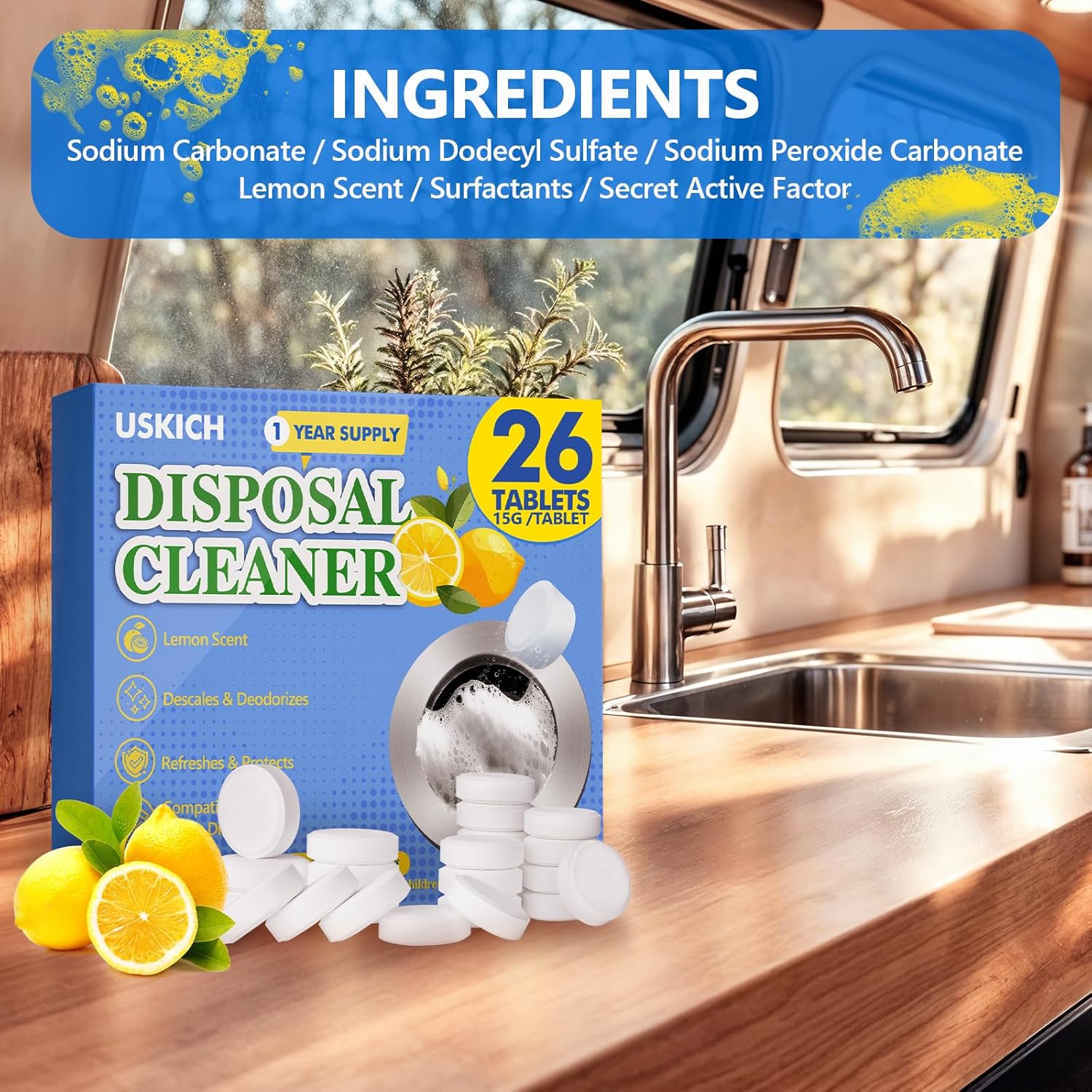 Garbage Disposal Cleaner Deodorizer Tablets 26Pack,XL Powerful Foaming Kitchen Sink Cleaners- Fresh Lemon Scented Disposal Cleaner, Natural Drain Garbage Disposer Cleaning- 1 Year Supply