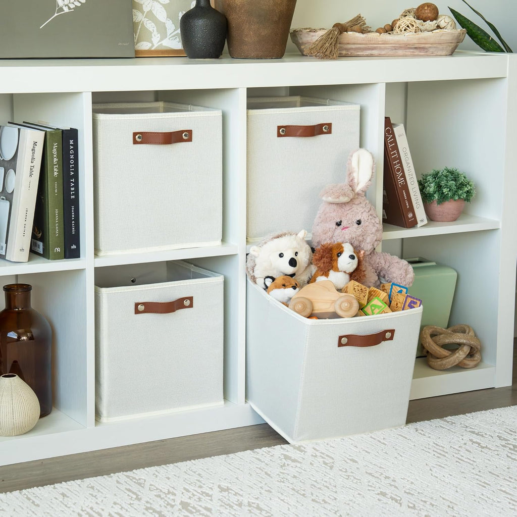 OrganiHaus 11x11 Fabric Cubes Storage Bins Set of 4, Foldable Collapsible Fabric Storage Bins for Organizer, Cubbies Organizer for Kallax, Linen Cube Shelf Baskets, Toy Organizing boxes - White