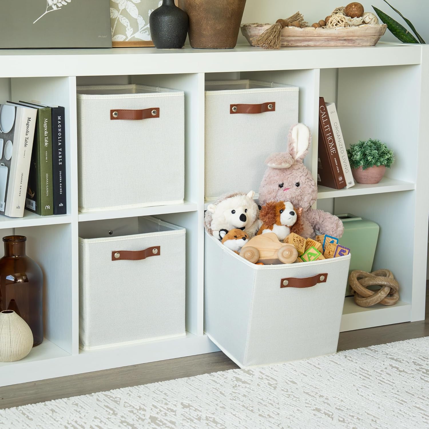 OrganiHaus 11x11 Fabric Cubes Storage Bins Set of 4, Foldable Collapsible Fabric Storage Bins for Organizer, Cubbies Organizer for Kallax, Linen Cube Shelf Baskets, Toy Organizing boxes - White