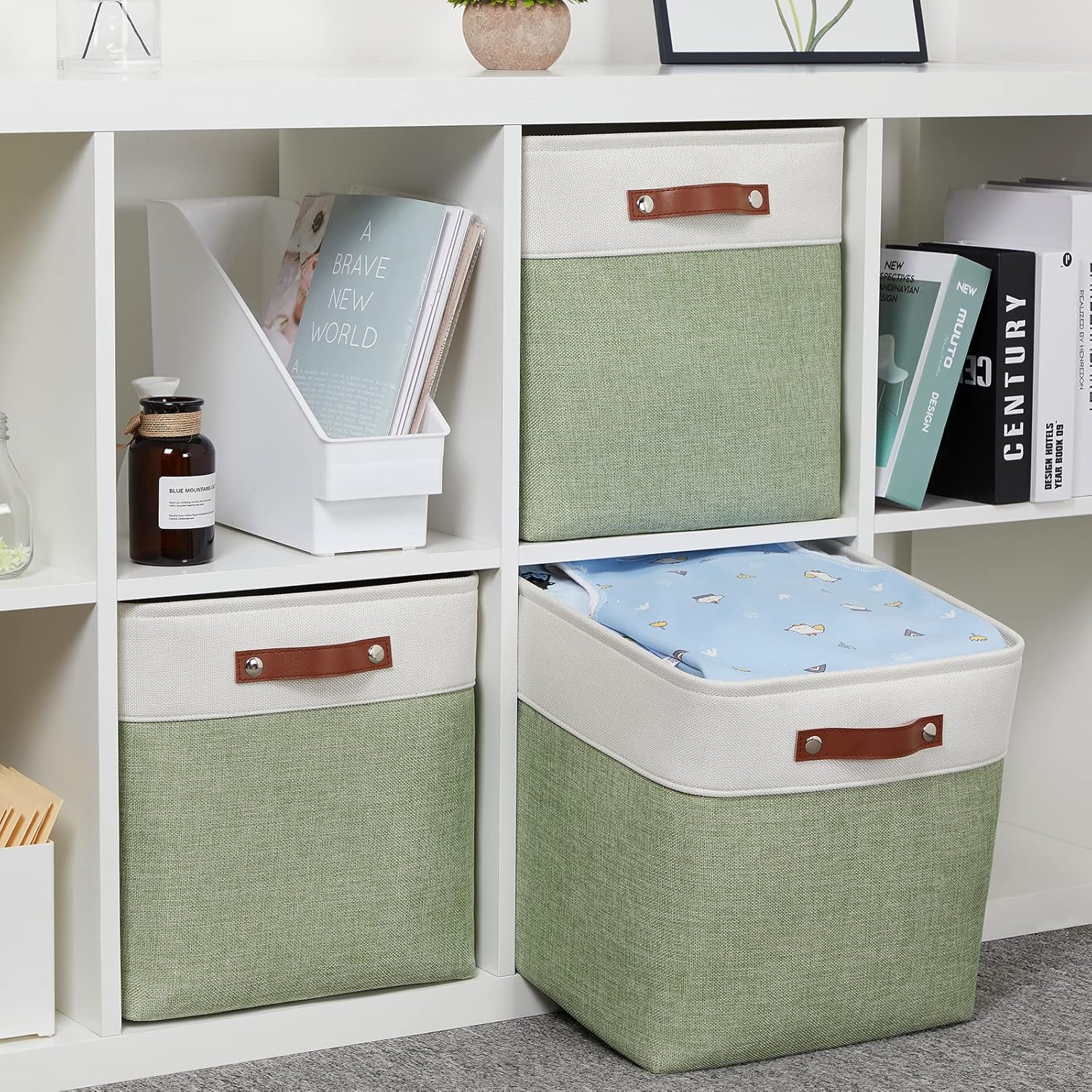 HNZIGE Foldable Storage Cubes & Baskets (3 Pack) - 13 Inch Storage Bin with Leather Handles for Toys, Clothes, Kids (White & Green)