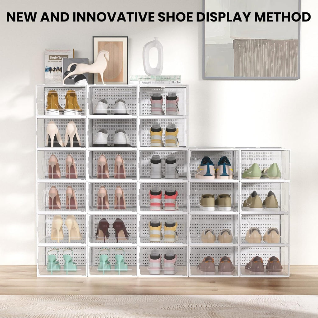 12 Pack XX-Large Modular Clear Plastic Stackable Shoe Storage Organizer for Closet, Space Saving Versatile Sneaker Shoe Rack Containers Bins Holders, Portable Closet Organizers and Storage, White