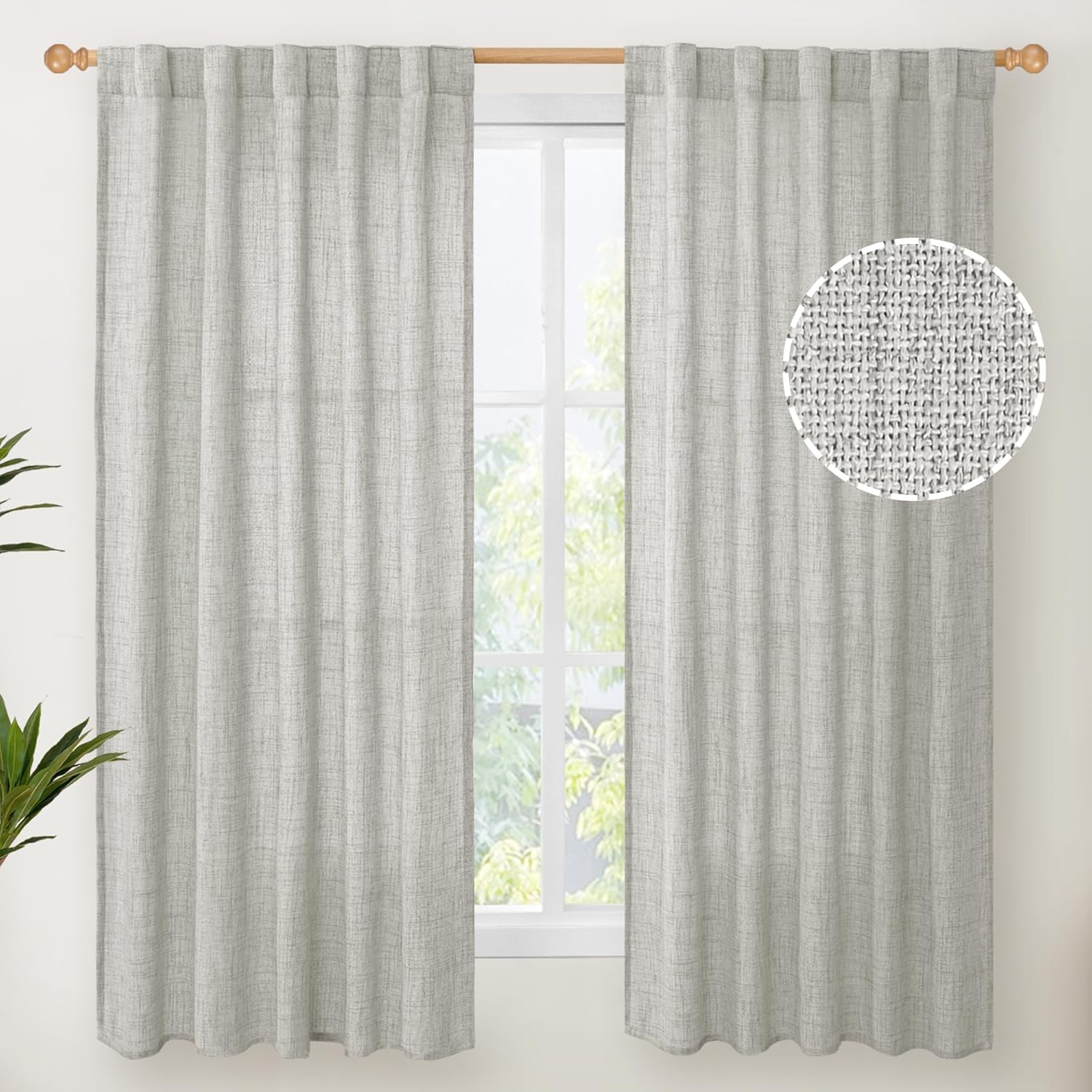 YoungsTex Light Grey Linen Curtains 63 Inch Length for Living Room, Rod Pocket Light Filtering Burlap Textured Drapes Back Tab for Bedroom Office Short Window Rustic, 2 Panels, 42 X 63 Inch