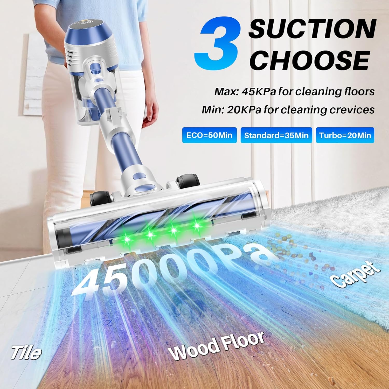Cordless Vacuum Cleaner - Powerful, 45Kpa Home Stick Vacuum, 180°Bendable Wand & Removable Battery, Up to 50 Mins, 8 in 1 Self-Standing Vacuum, Wall Mount Charging for Hardfloor, Carpet Blue
