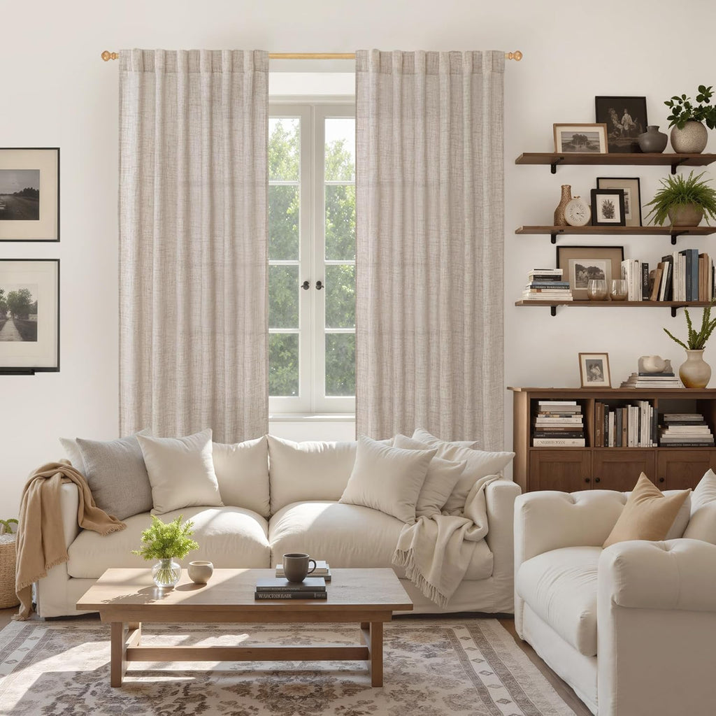 YoungsTex Linen Curtains Floor Length 102 Inch Long for Living Room Back Tab and Rod Pocket Light Filtering Window Drapes for Dining Room Bedroom, 52 X 102 Inch, 2 Panels