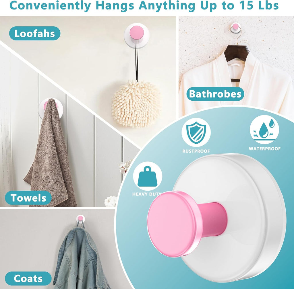 Suction Cup Hooks for Shower,Removable No Drill Towel Hooks,Upgraded 15 lbs Strong Suction hooks for Bathroom Tile,Shower Wall,Glass Door,Kitchen-Loofah,Coat,Stainless Waterproof-White Pink 2 Pcs