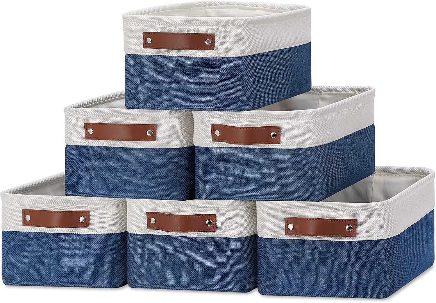 DULLEMELO Set of 6 Small Baskets for Organizing, Small Fabric Storage Bins for Toys Storage, Collapsible Storage Bins with Leather Handles for Shelves, Closets, Laundry, Nursery(White&Blue)