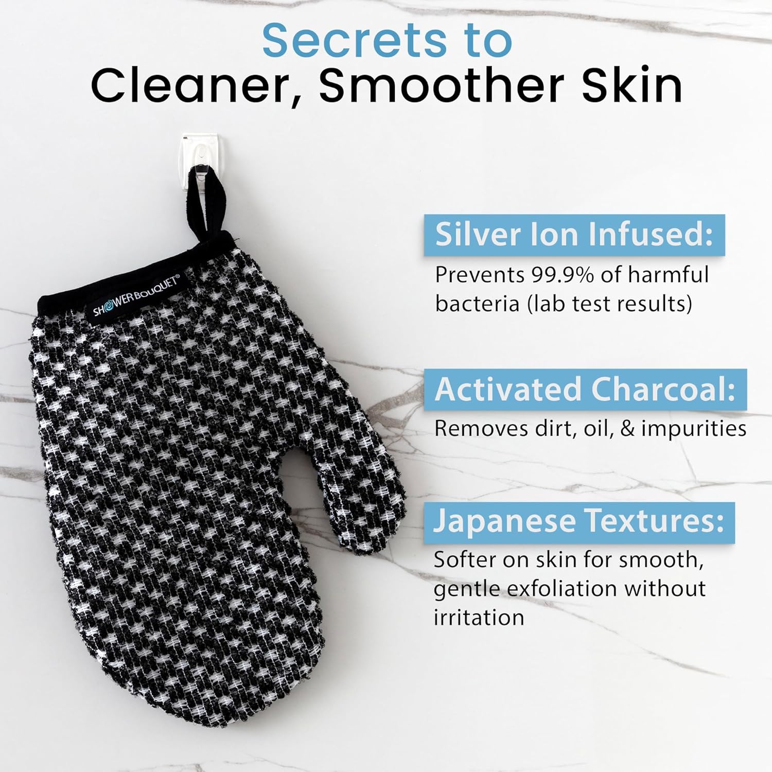 Japanese Exfoliating Mitt 2-Pack - Charcoal & Silver Ion Exfoliating Gloves for Shower - Soft Inner Fabric Gentle Exfoliation & Deep Cleansing Body Scrub Gloves for All Skin Types - 2 White