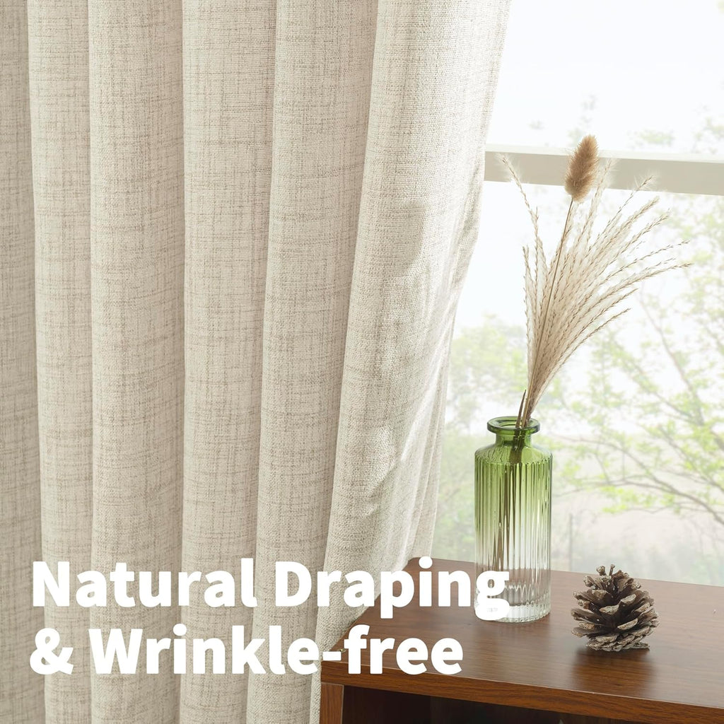 YoungsTex Linen Curtains 45 Inch Length for Kitchen Window, Cream Short Semi Sheer Drapes with Rod Pocket Back Tab Light Filtering Textured for Living Room Bedroom Bathroom, 2 Panels, 42 X 45 Inch