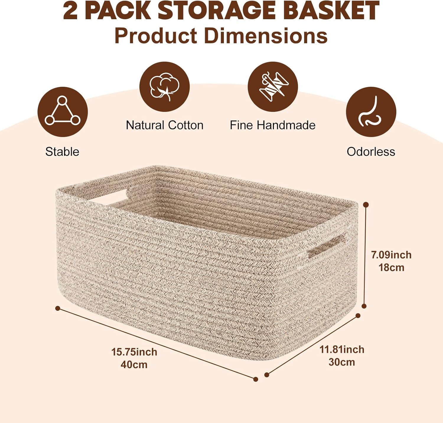 OIAHOMY Storage Basket for Shelves, Closet Cube Storage Bins Baskets for Clothes Blanket Towels, Baby Nursery, Toy Box, Woven Rope Basket, 15.75*11.81*7.09 IN, 2 Packs Brown