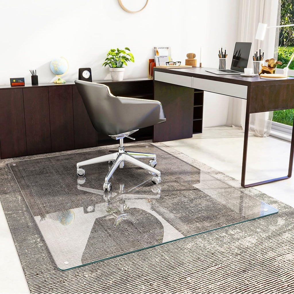 [Tempered Glass] 48" x 60" Glass Chair Mat, Heavy Duty Hard Tempered Glass Mat with Round Corner and Polished Edge, Transparent Glass Office Chair Mat for Office and Home Hard Floor or Carpeted