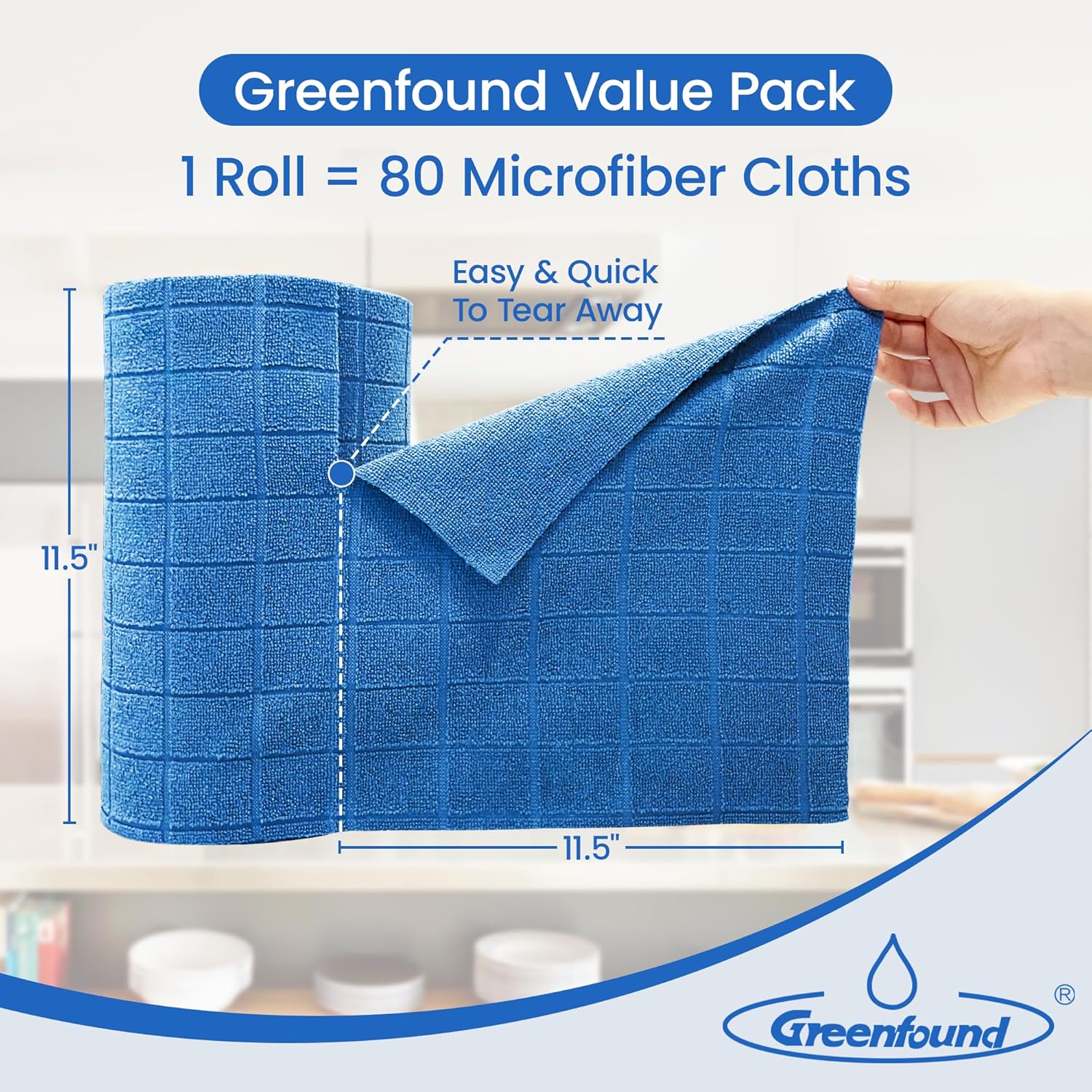 Greenfound Microfiber Cleaning Cloth Roll -80 Pack,Tear Away Towels for Car,Reusable Paper Towels Washable,Super Absorbent,Lint Free Cleaning Rags for House,Kitchen,Window-11.5"×11.5"(Check Blue)