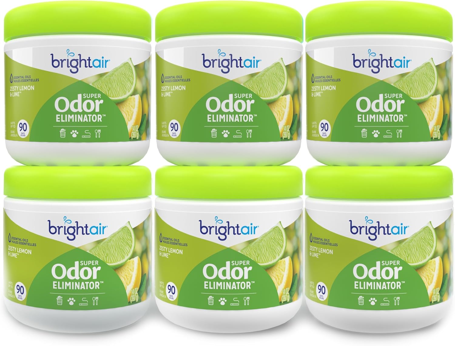 Bright Air 14 oz. Super Odor Eliminator, For Medium-Size Spaces, Zesty Lemon & Lime Scent, Case of 6, Air Freshener, Natural Essential Oils, Lasts Up to 90 Days Each