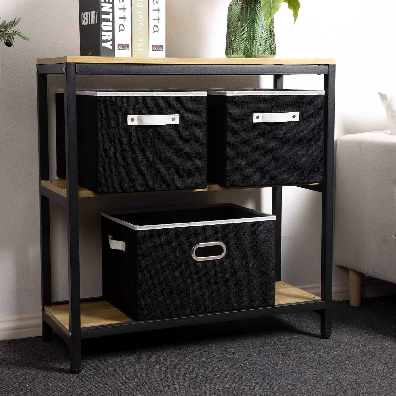 PRANDOM Larger Collapsible Storage Bins for Closet [3-pack] Decorative Linen Fabric Storage Baskets Cubes with Leather/Metal Handles for Living Room Black (17.3x12.2x10.4 Inch)