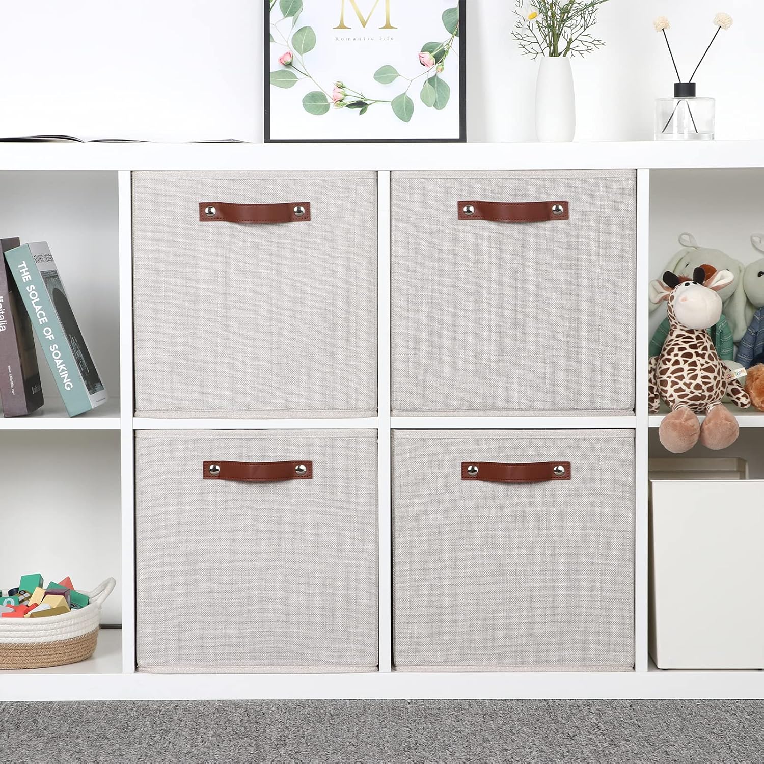 Temary Fabric Storage Cubes Storage Bins with Dual Leather Handles, 4 Pack Cube Baskets 13x13 Foldable Cube Organizers for Shelves, Home, Office, Nursery