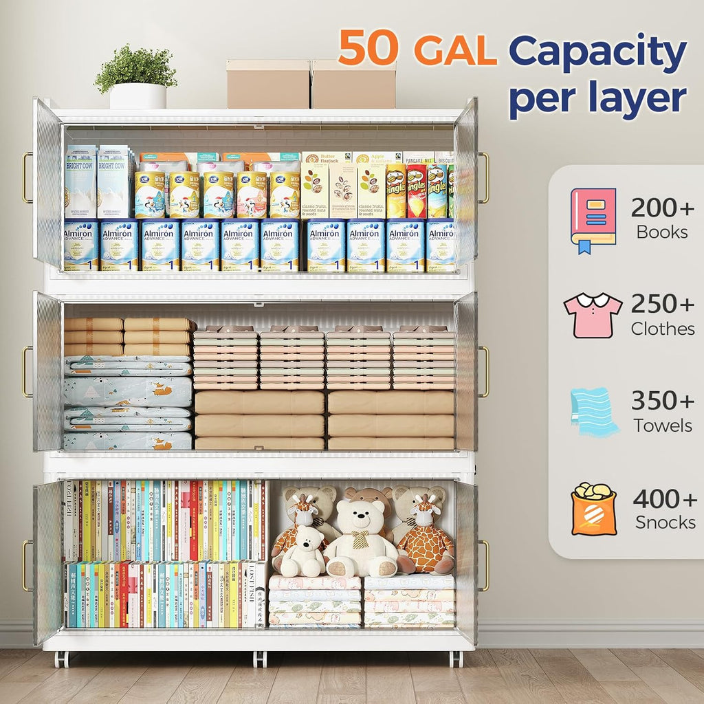 150GAL Extra Large Storage Bins with Lid, 600QT Collapsible Organizer with Wheels, Stackable Closet Cabinet with Doors, Folding Storage Containers for Home, Office, Dorm, 3Pack White