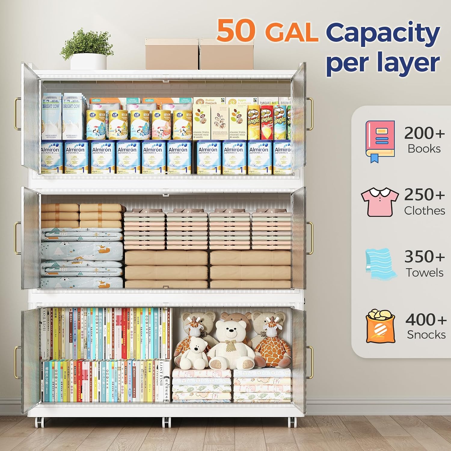 150GAL Extra Large Storage Bins with Lid, 600QT Collapsible Organizer with Wheels, Stackable Closet Cabinet with Doors, Folding Storage Containers for Home, Office, Dorm, 3Pack White