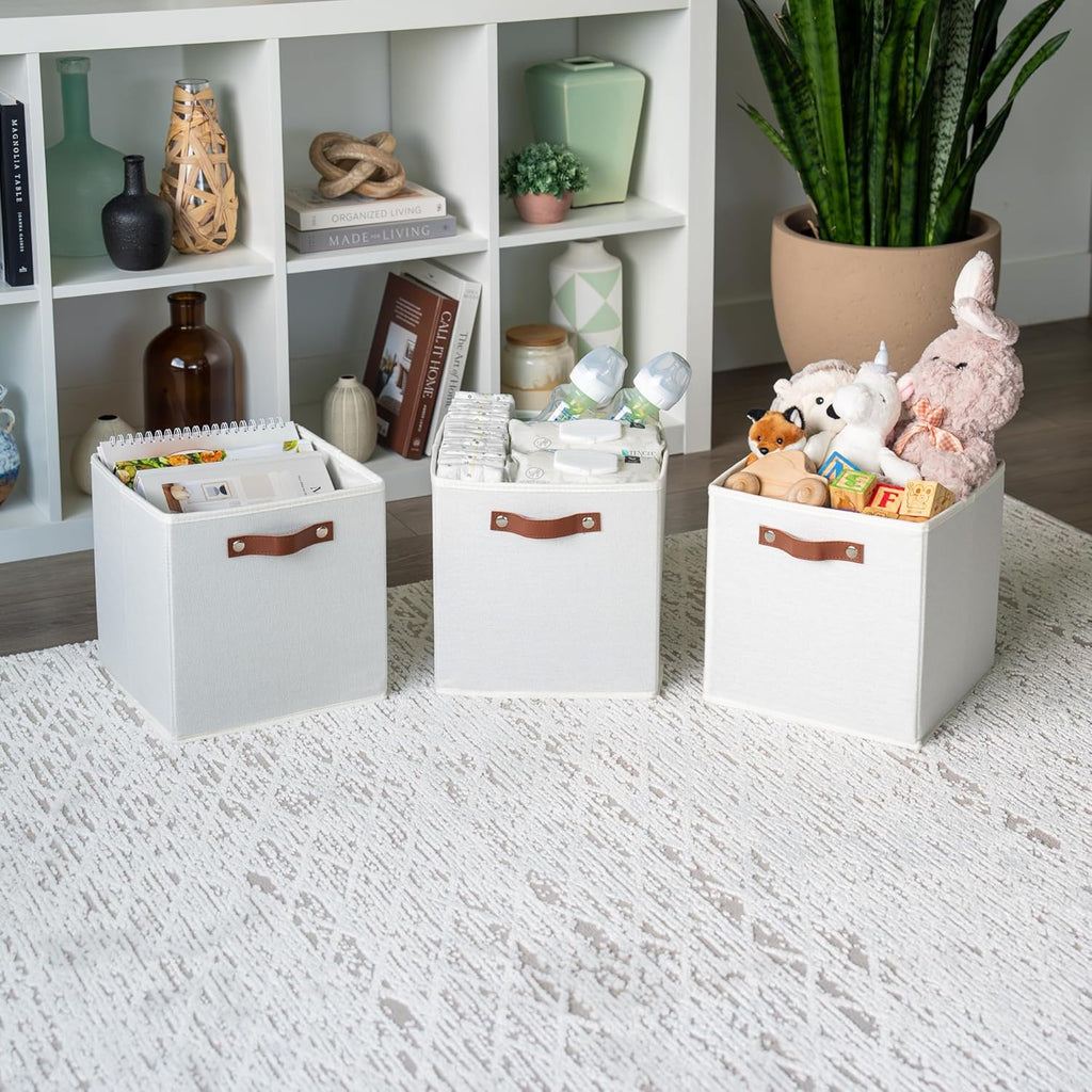 OrganiHaus 11x11 Fabric Cubes Storage Bins Set of 4, Foldable Collapsible Fabric Storage Bins for Organizer, Cubbies Organizer for Kallax, Linen Cube Shelf Baskets, Toy Organizing boxes - White