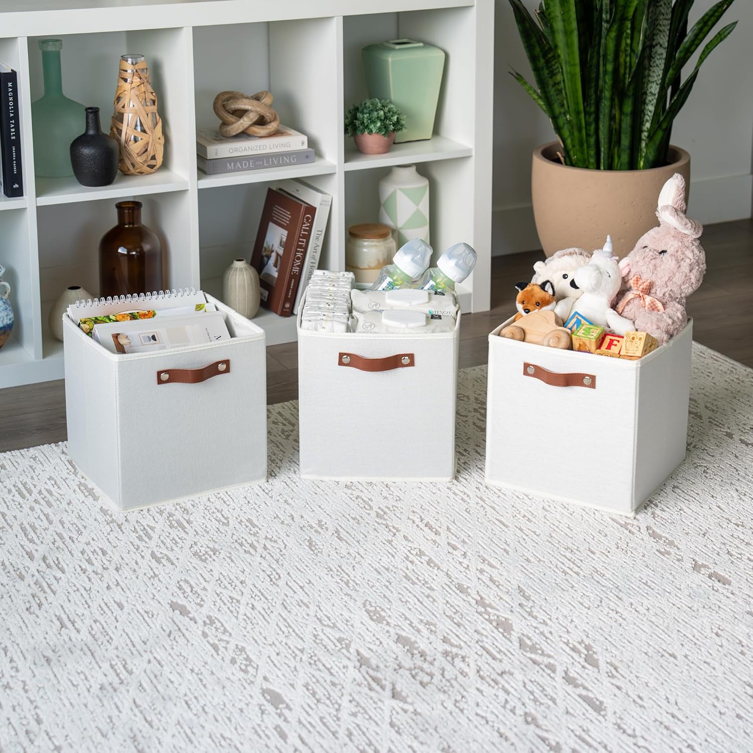 OrganiHaus 11x11 Fabric Cubes Storage Bins Set of 4, Foldable Collapsible Fabric Storage Bins for Organizer, Cubbies Organizer for Kallax, Linen Cube Shelf Baskets, Toy Organizing boxes - White