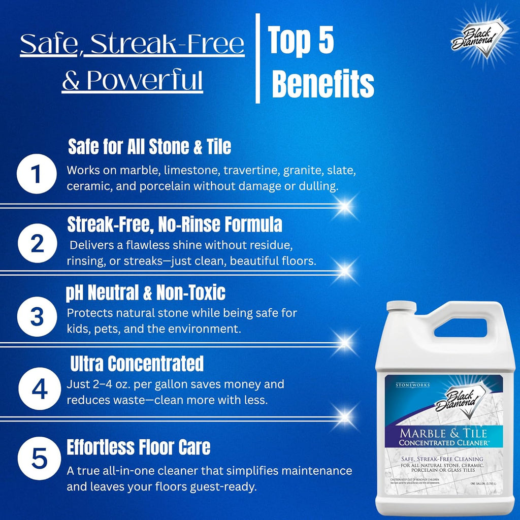 Black Diamond Stoneworks MARBLE & TILE FLOOR CLEANER. Great for Ceramic, Porcelain, Granite, Natural Stone, Vinyl and Brick. No-rinse Concentrate.(4-Gallons)