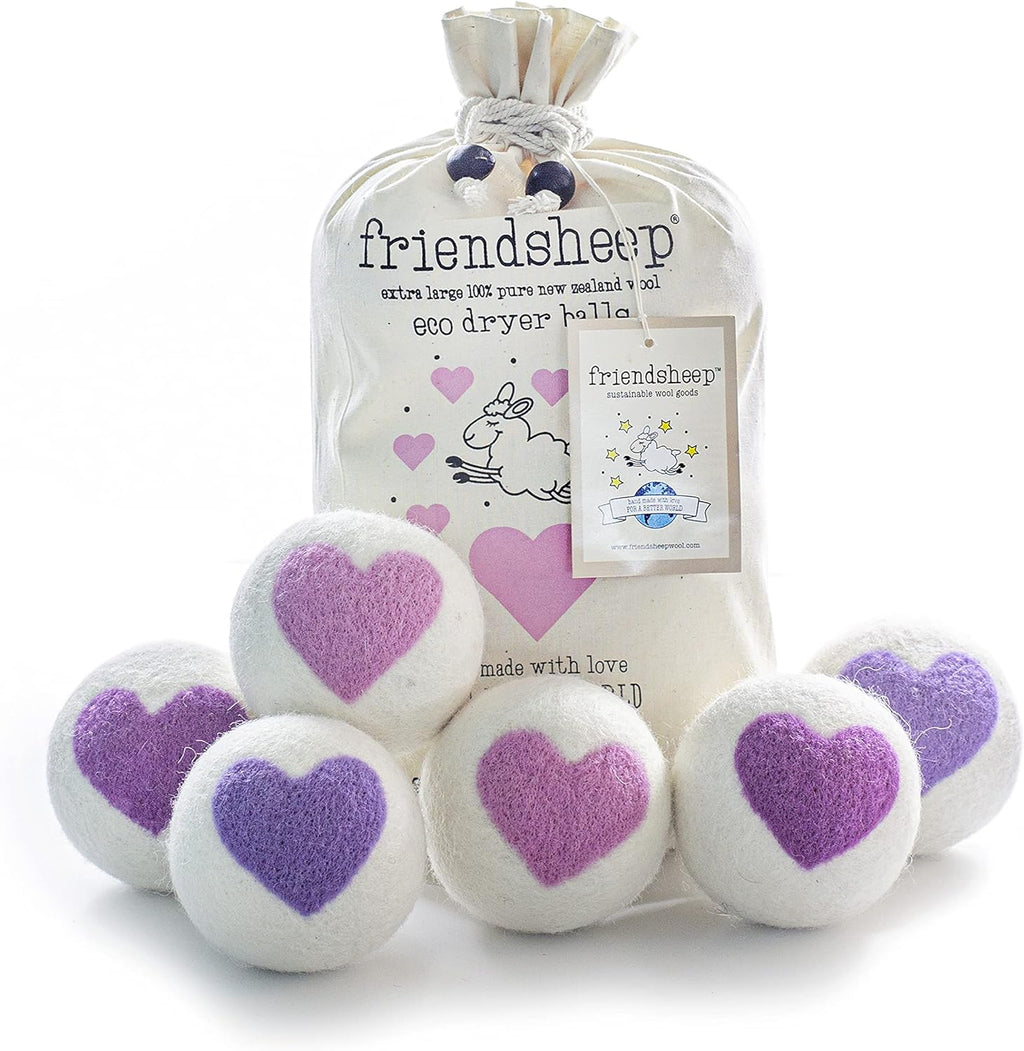 Friendsheep Organic Wool Dryer Balls Pink Purple Hearts 6 Pack XL Premium Reusable Cruelty Free Handmade Fair Trade No Lint Fabric Softener - Lovely Day