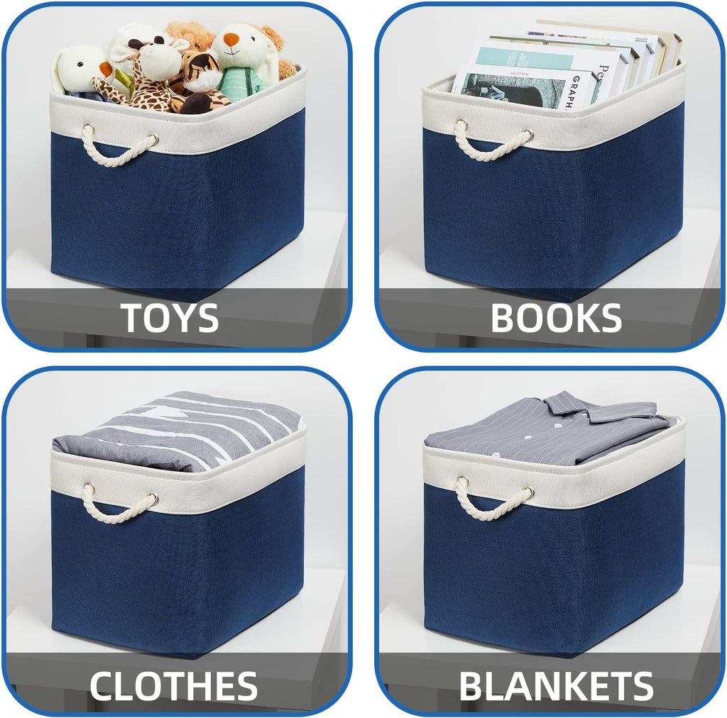 Temary Storage Baskets for Shelves, 2 Pcs Fabric Storage Bins Empty Gift Baskets for Organizing Clothes, Books, Decorative Basket with Rope Handles (White&Blue,16Lx12Wx12H Inches)