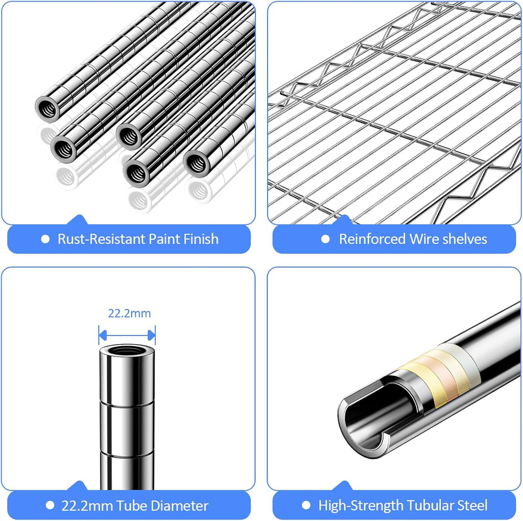 IZEUK 5-Tier Heavy Duty Metal Storage Shelving Unit (Chrome, 17.7" D x 47.2" W x 72.3" H, 1750 lbs Capacity), Adjustable Steel Wire Rack Shelf Organizer for Garage, Kitchen, Pantry, Basement, Laundry