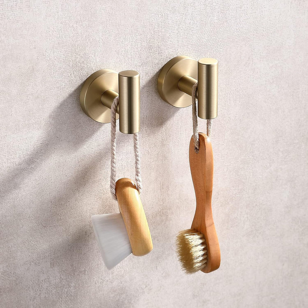 TASTOS Brushed Gold Bathroom Towel Coat Hook Stainless Steel, 2 Pack Robe Clothes Cabinet Closet Sponges Hooks Holder Round Style Heavy Duty Wall Hook for Bathroom Kitchen Hotel Wall Mounted