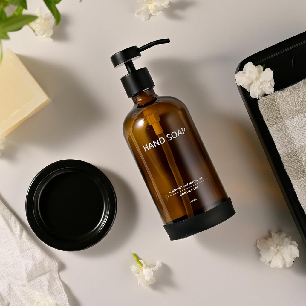 Glass Soap Dispenser Set by Janxin,Bathroom Soap Dispenser Set with Ceramic Tray,Luxury Bathroom Accessories,Modern Kitchen Decor (Amber(Hand Soap))