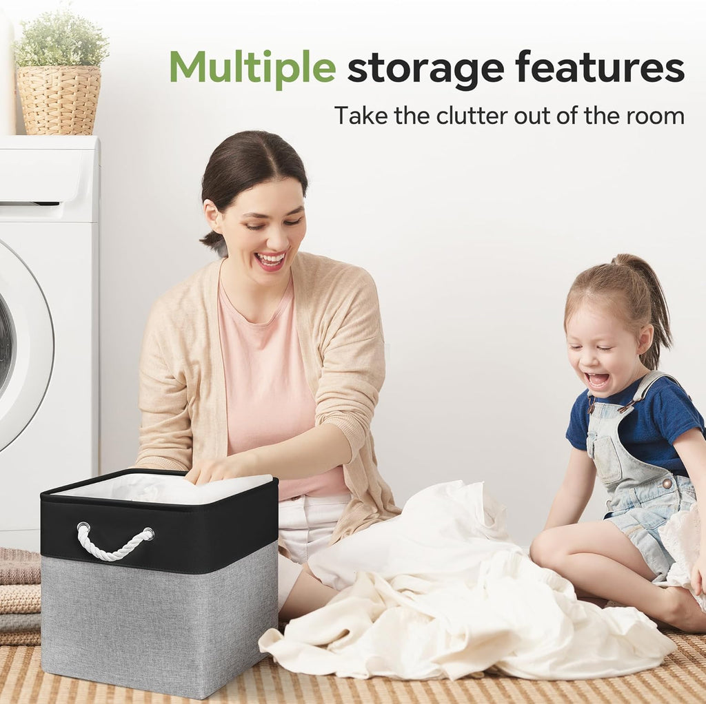 13x13 Inch Cube Storage Bins with Reinforced Bottom Cardboard, 6 Pack Large Collapsible Fabric Storage Cubes with Handles for Shelf, Closet, Toy, Laundry Organization (Black&Gray)
