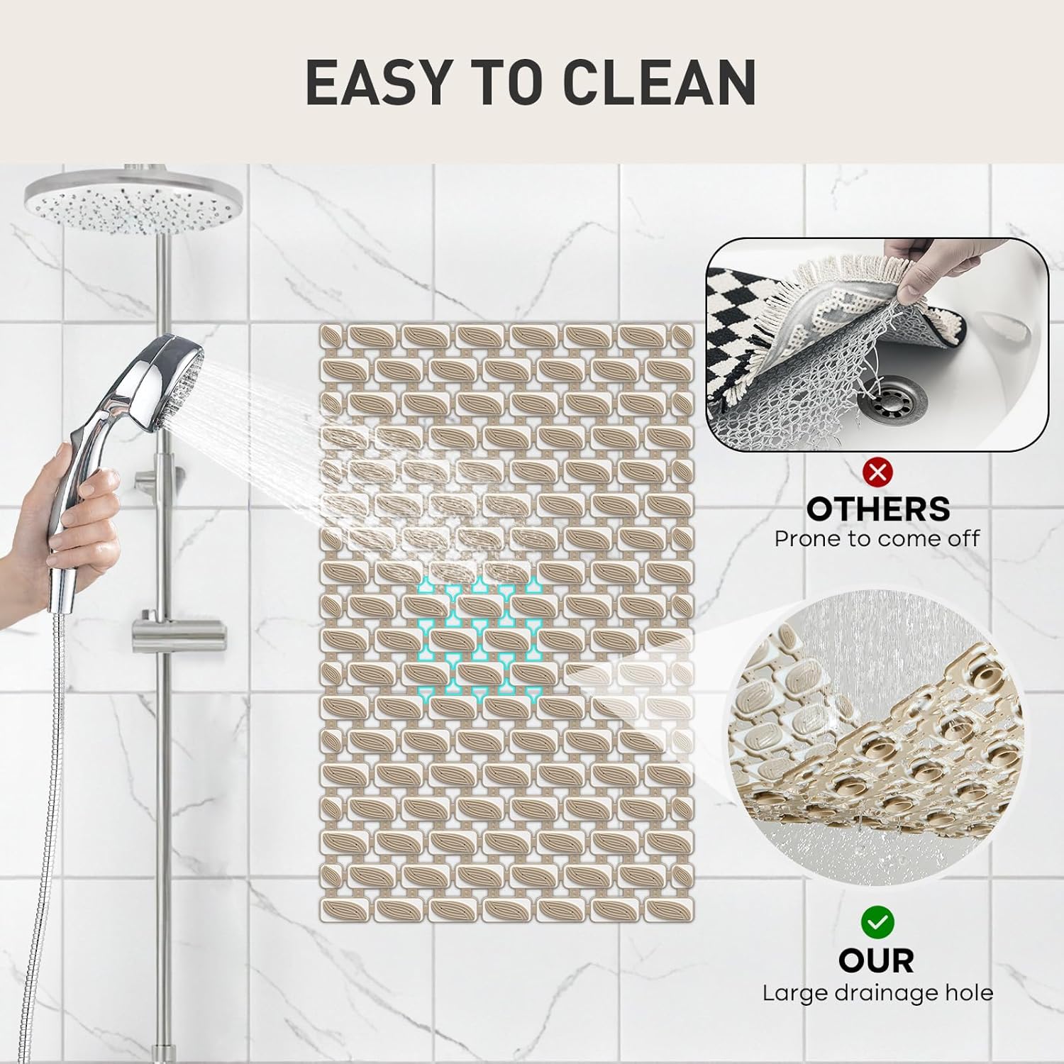 Shower Mat Non Slip Bathtub Mat, 27 x 16 Inch Eco-Friendly Soft Bath Mat for Tub Non Slip Shower Mats for Inside Shower with Suction Cups and Drain Holes, Easy to Clean Quick-Drying, Brown