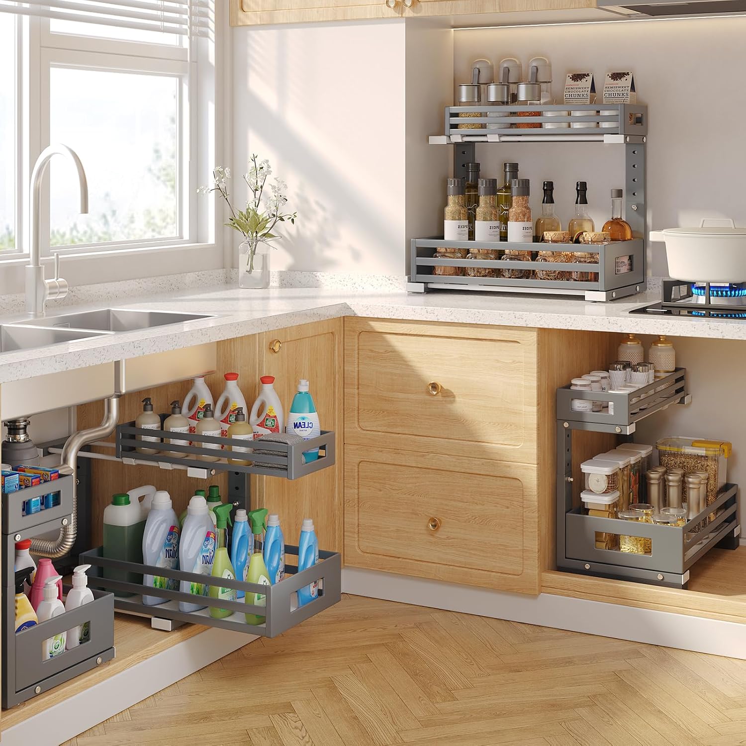 1-Pack Under Sink Organizers and Storage,2-Tier L Shape Pull Out Cabinet Organizer With Round Tube Slide Rails,Hight Adjustable Slide Out Drawers for Kitchen&Bathroom,Multi-Purpose Storage Shelf-Gray