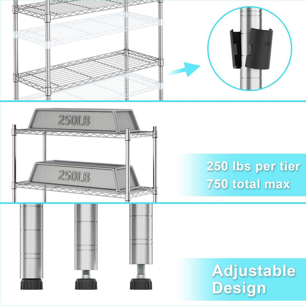 Auslar 3-Shelf Storage Wire Shelves Heavy Duty 3 Tiers Standing Shelving Units Adjustable Metal Organizer Wire Rack, Chrome