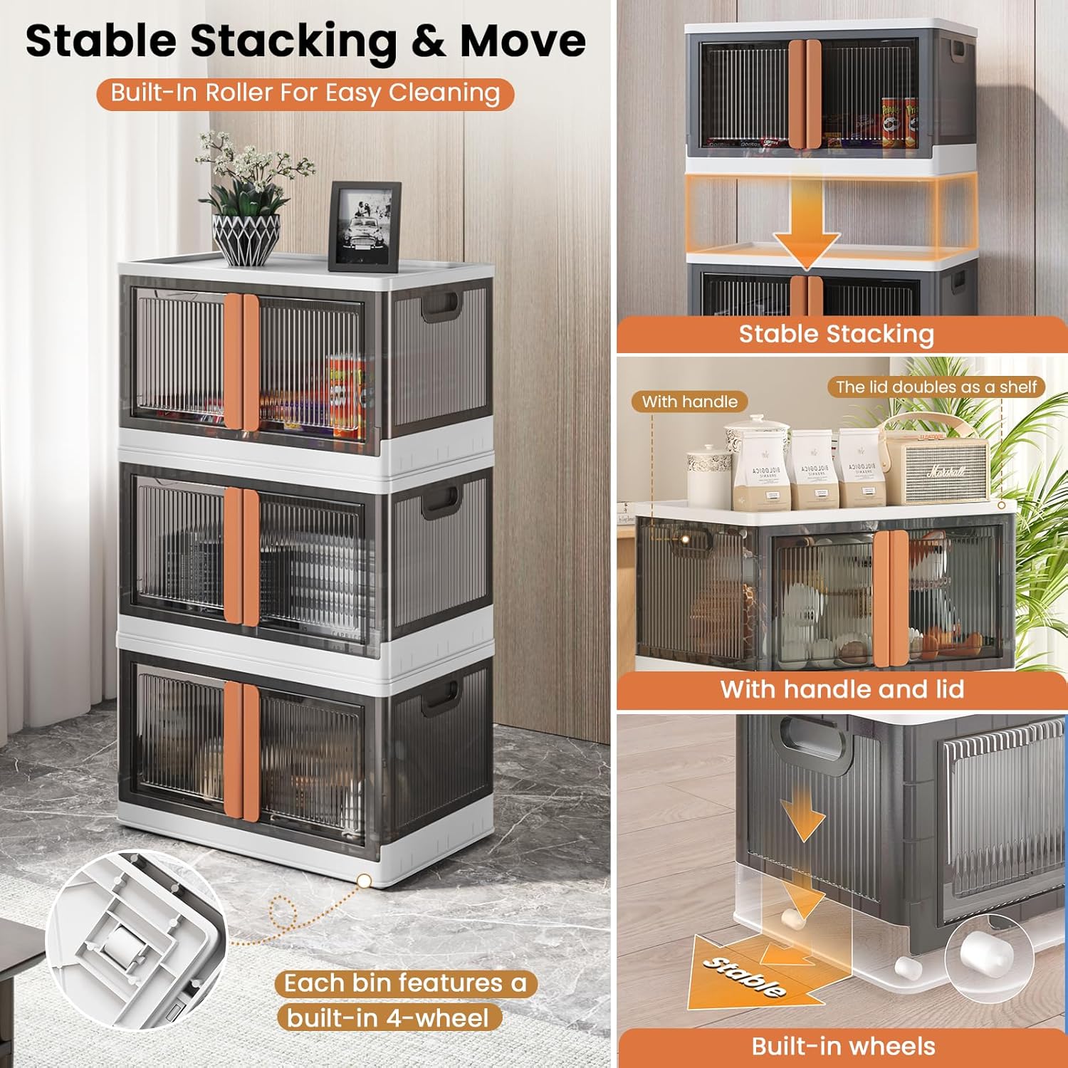 19Gal Collapsible Storage Bins with Lids & Wheels - 1 Pack Stackable with Doors, Heavy-Duty Plastic Containers for Home/Office, White