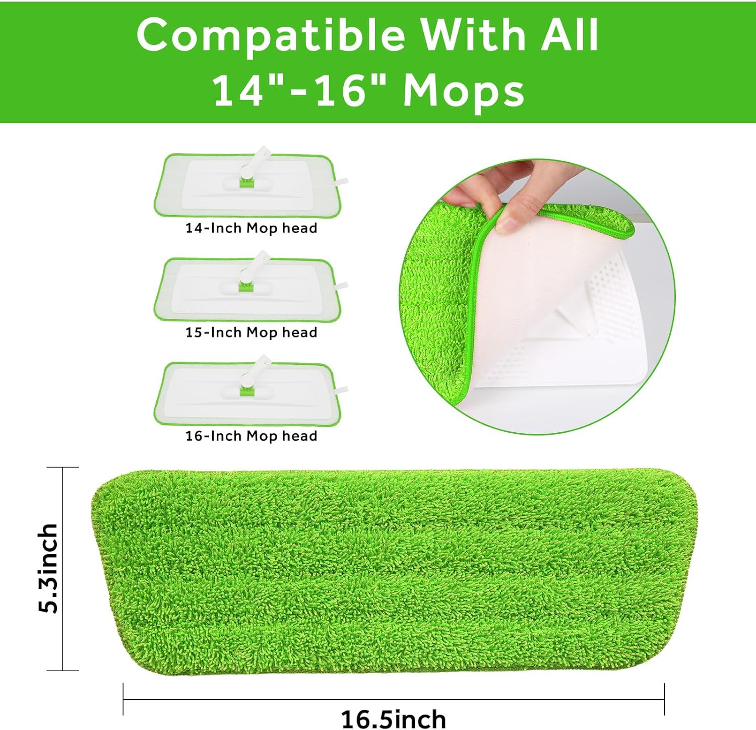 16.5 inch Mop Pads Refills, 3 Pack Microfiber Reusable Replacement Mop Pads Flat Replacements Heads for Wet Or Dry Floor Cleaning and Scrubbing, Green Cloth