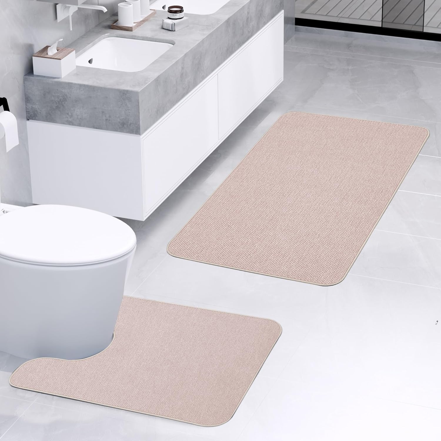 Bathroom Rugs Set 2 Pieces,Thin Bathroom Mats,Toilet Rugs,Quick Dry,Non-Slip,Machine Washable,Low Pile,Absorbent Bath Mats,Shower,Sink,Home Decor Accessories.Beige,1'5"x2'3"+1'8"x2" U Shape