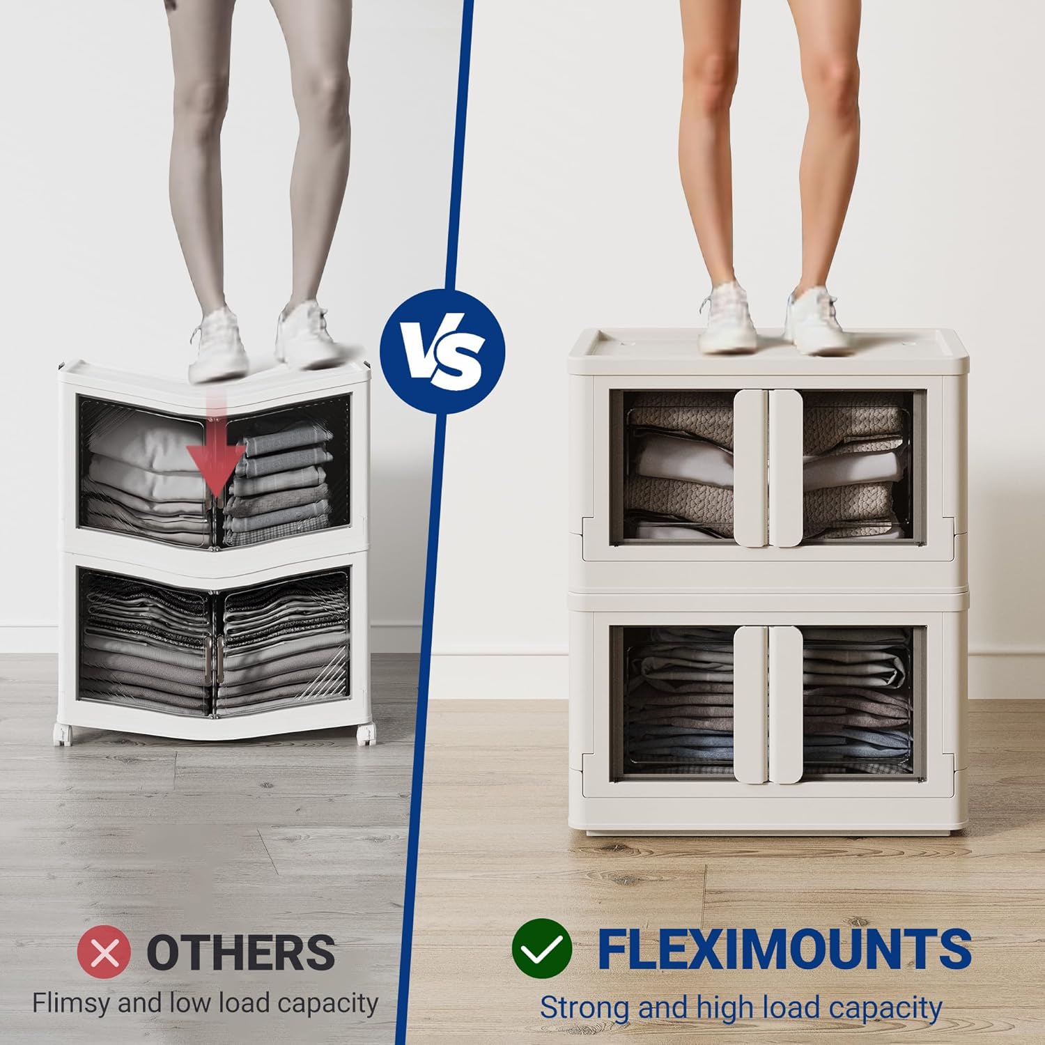 FLEXIMOUNTS 75 QT Stackable Storage Bins With Lids, Collapsible Plastic Storage Bins, Closet Organizers and Storage Containers with Doors and Built-in Wheels For Home, 2 Pack Cubes, Milky White