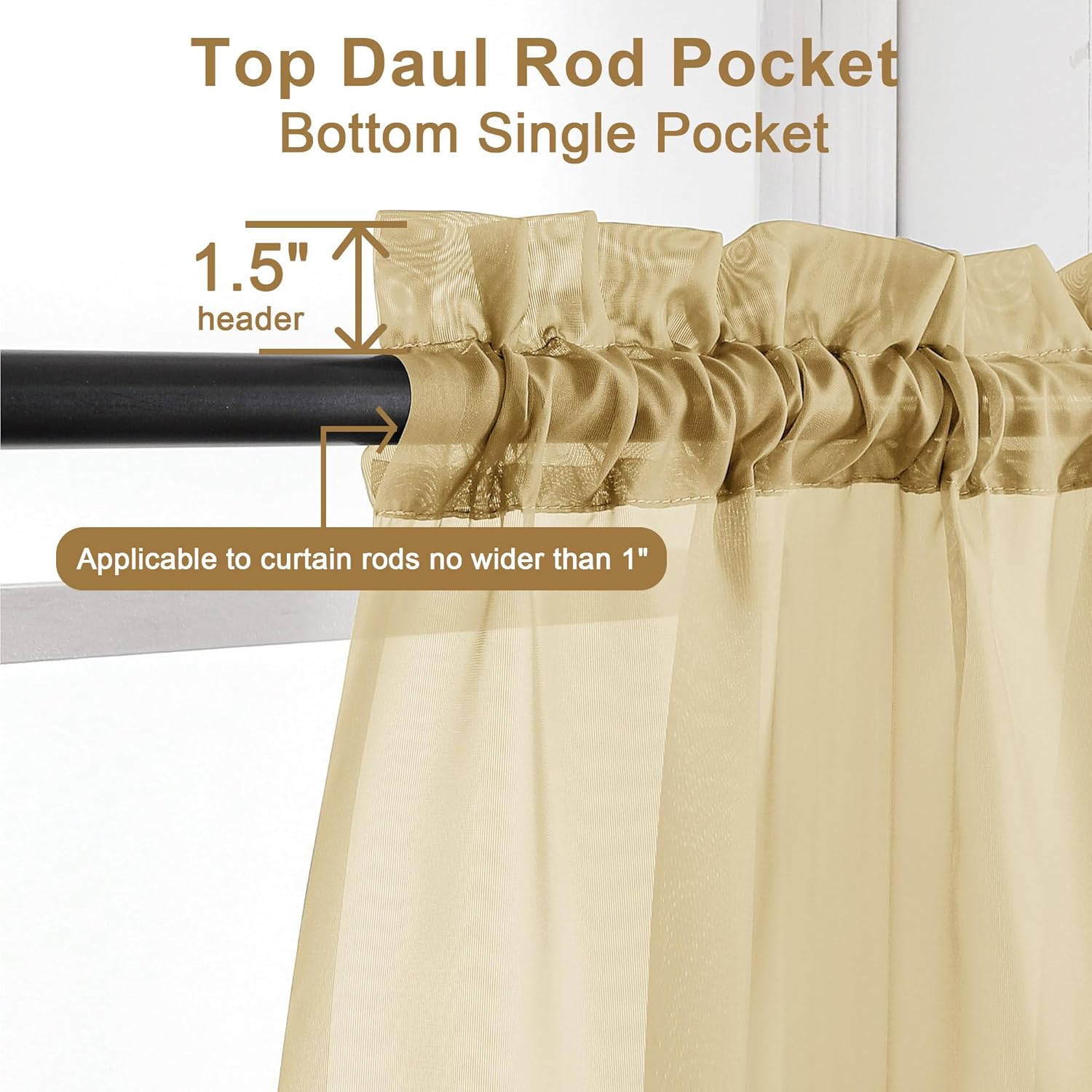 Chyhomenyc Gold Sheer Curtains 63 Inch Length 2 Panels, Rod Pocket Solid Window Sheer Curtain Panels, Elegant Curtains & Drapes for Living Room Bedroom 2 Panels (Gold, 42 W x 63 L)