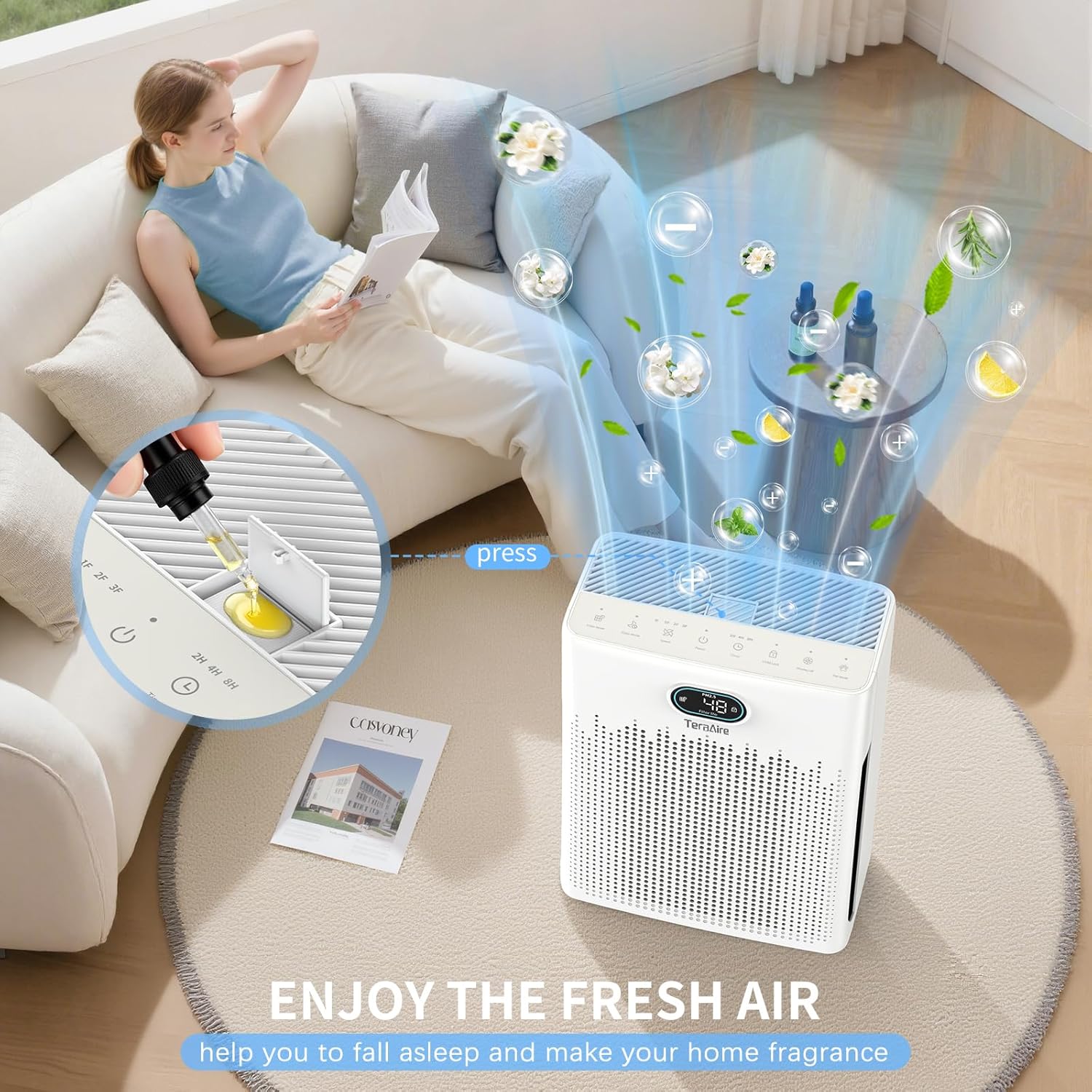 Air Purifiers for Home Cover Up to 2200 Ft², HEPA Air Purifier with Washable Pre-filter, Pet mode, PM 2.5 Air Quality Monitor Fragrance Sponge for Smoke, Odor, Dander, Pollen (White)