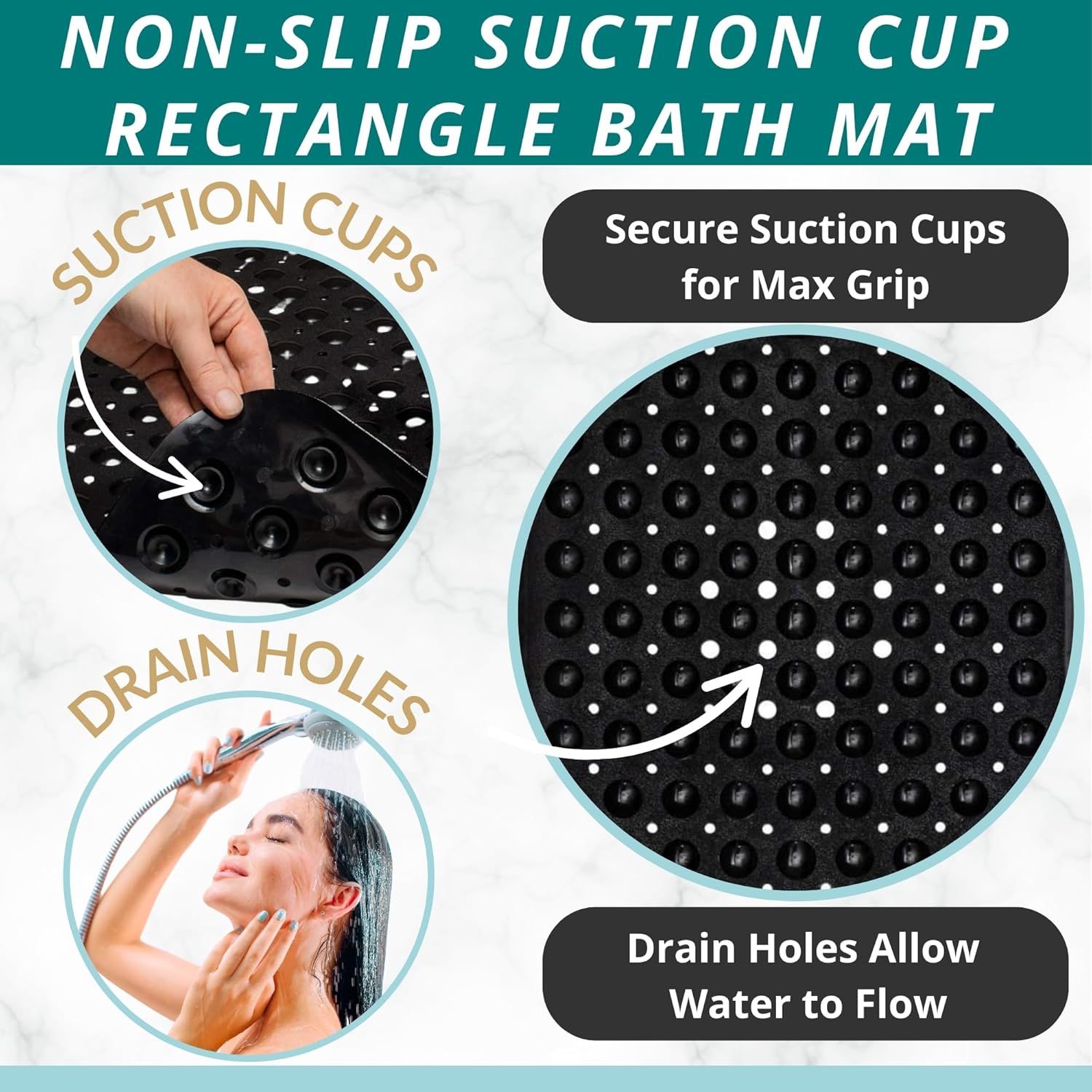 ENKOSI Bath Mat – 40 x 16 Inch Extra Long Non Slip Bathtub Mat – Anti Slip Black Shower Mat with Suction Cups – Bathroom Mat for Tub and Smooth Shower Floors (Black 40x16)