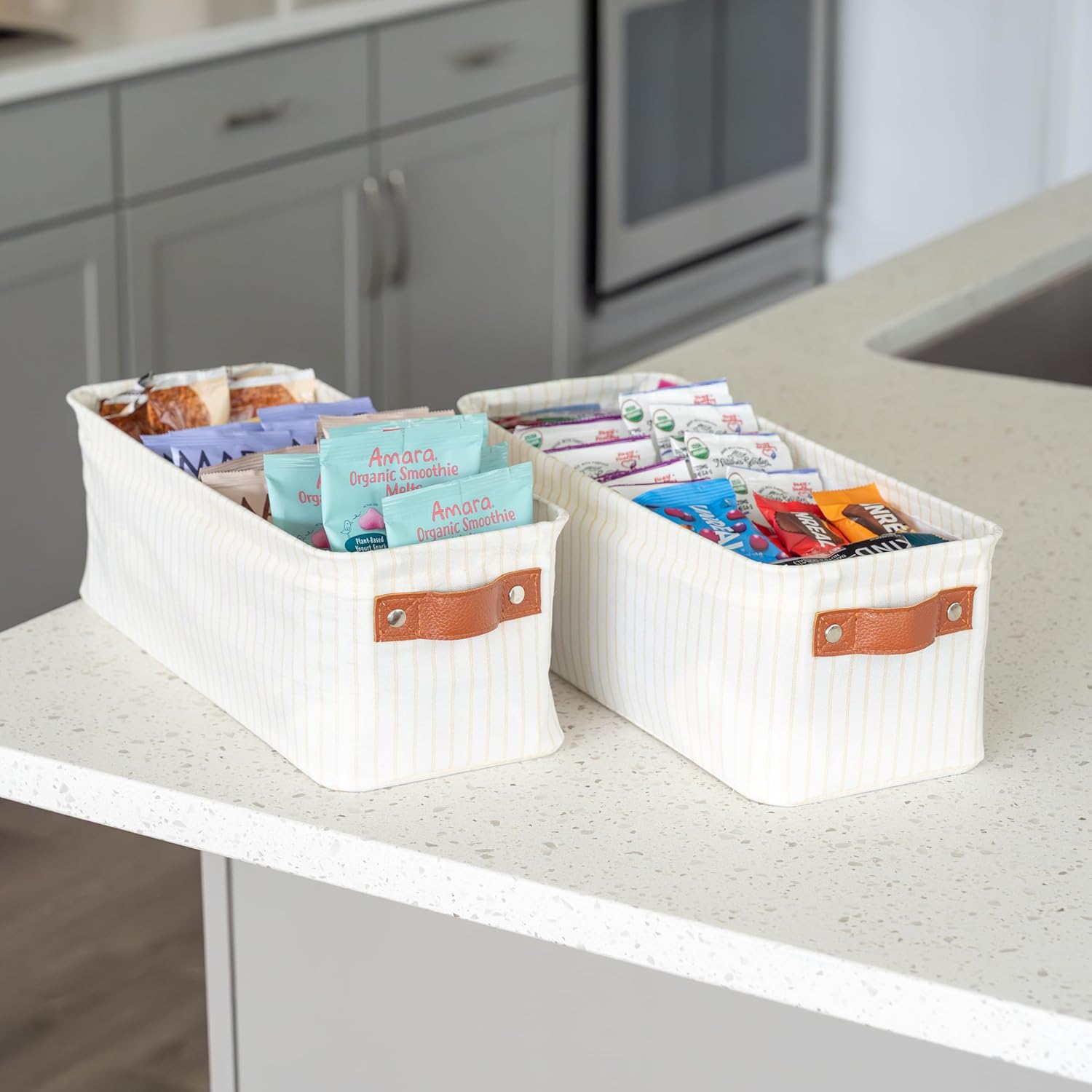 OrganiHaus Narrow Storage Bins 15x06in, Small Closet Bins for Shelves, Bathroom Storage Baskets, Narrow Baskets, Fabric Organizer with Handles, Toilet Paper Organizer - 2 Pack, White w/ Brown Stripes