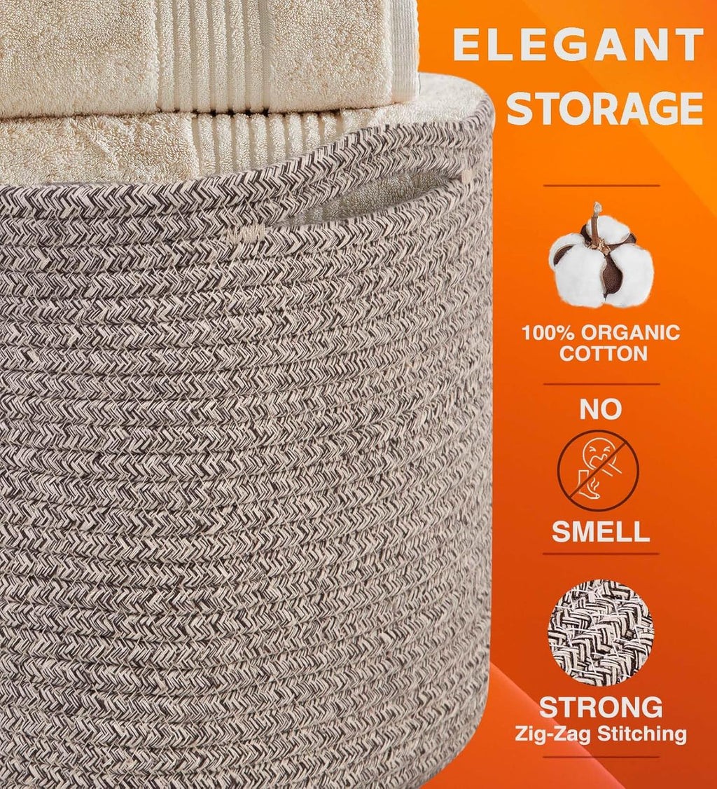 CHAT BLANC Cotton Rope Baskets for Organizing | Storage Baskets for Shelves | Rope Basket for Storage, Small Laundry Baskets, Woven Baskets for Storage, Dog Toy Bin, Baby Basket, Brown 3 Pack