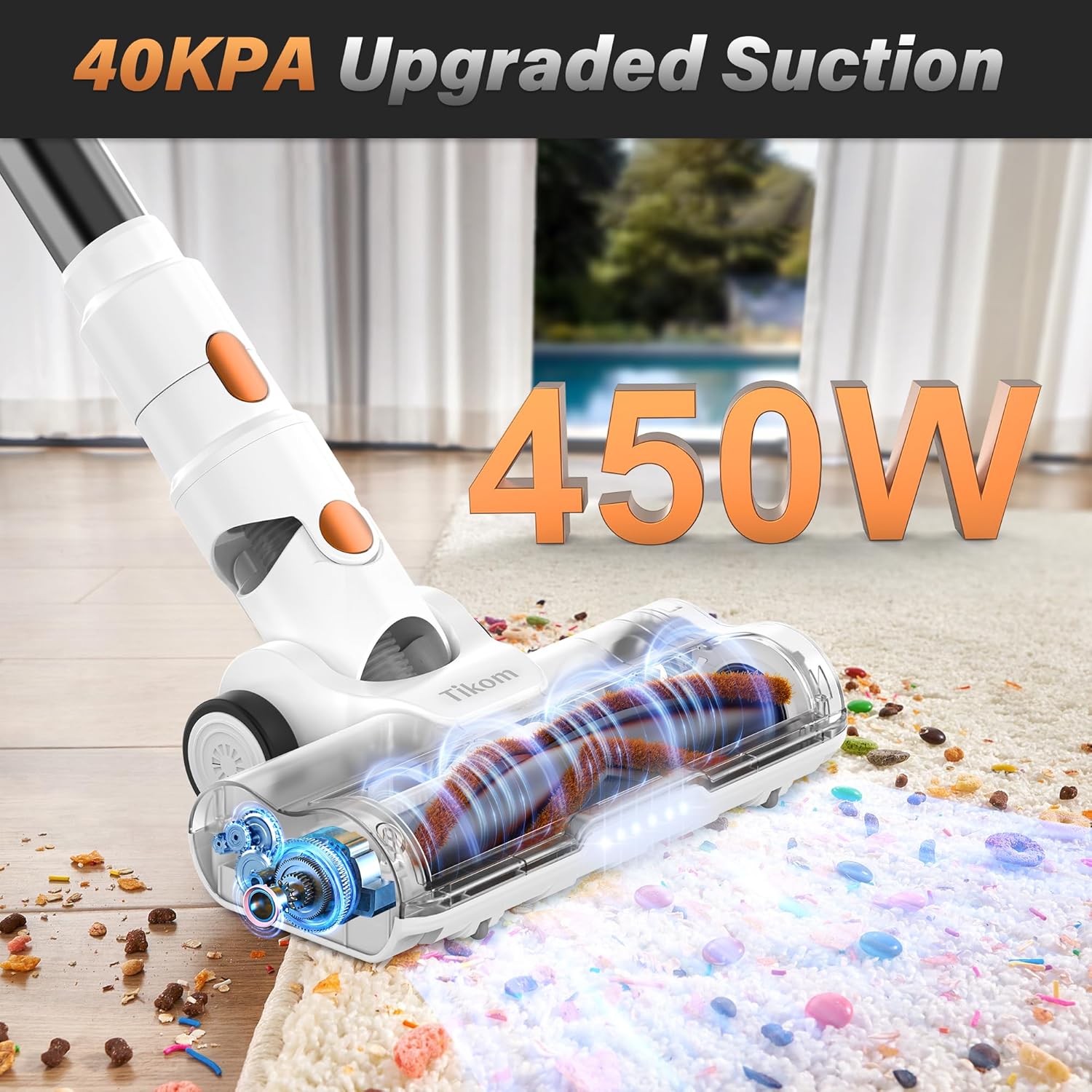 Tikom V500 Cordless Vacuum Cleaner for Home, 40000Pa/450W Stick Vacuum with LED Touch Screen, Charging Wall Dock, Anti-Tangle, Lightweight Handheld Vacuum for Pet Hair, Hard Floor, Carpet