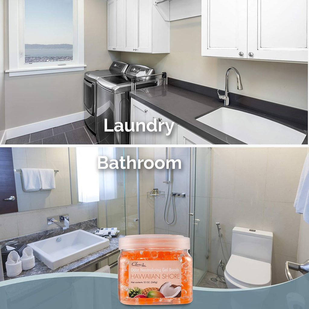 Clear Air Odor Eliminator Gel Beads - 12 oz, Pack of 2 - Air Freshener Made with Essential Oils - Eliminates Odors in Bathrooms, Cars, Boats, RVs & Pet Areas - Hawaiian Shore Scent