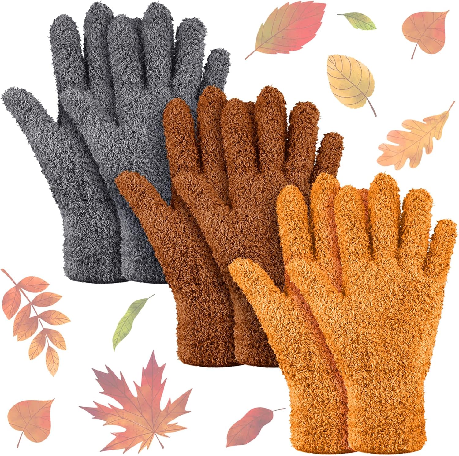 Patelai 3 Pairs Microfiber Plant Dusting Gloves Leaf Cleaning Gloves for Indoor Plants, Blinds, Furniture, House(Small,Orange, Brown, Dark Gray)