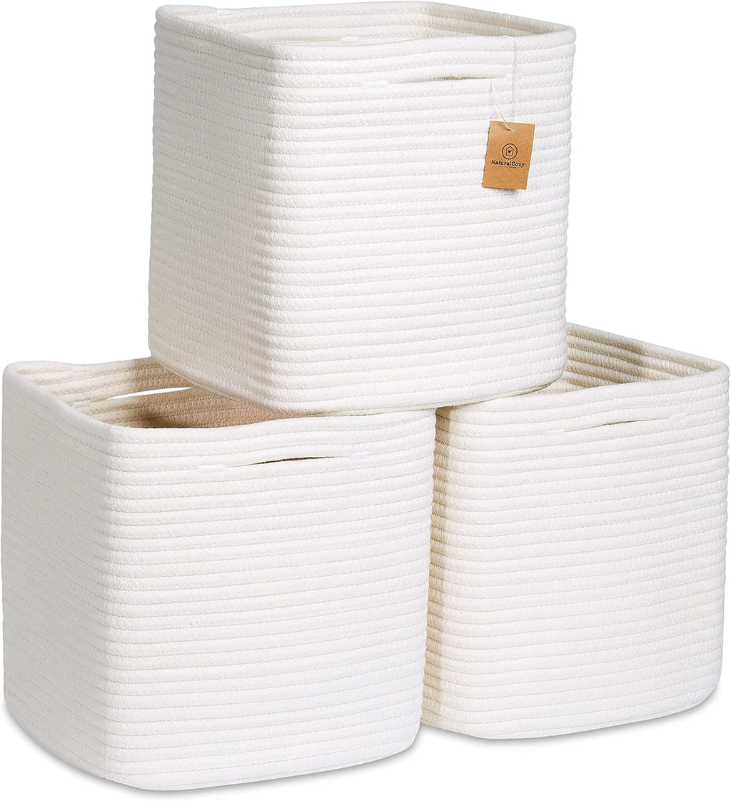 NaturalCozy Storage Cubes 11 Inch Cotton Rope Woven Baskets for Organizing, 3-Pack | Cube Storage Bin | Square Storage Baskets for Shelves Organizer, Classroom, Kids Toy Bins, Closet, Baby Nursery